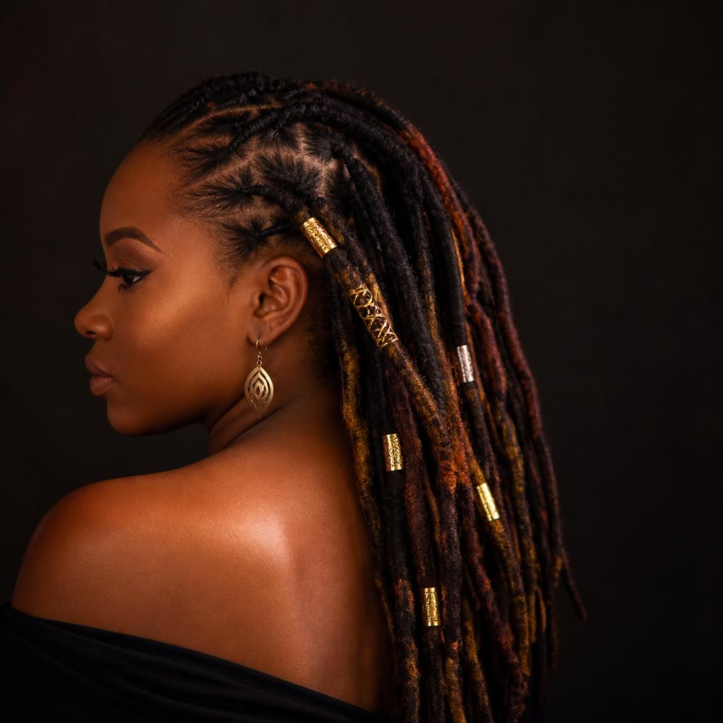 Long styled dreadlocks with gold accessories
